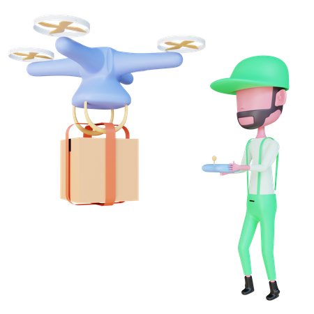 Livreur livrant un colis via un drone  3D Illustration