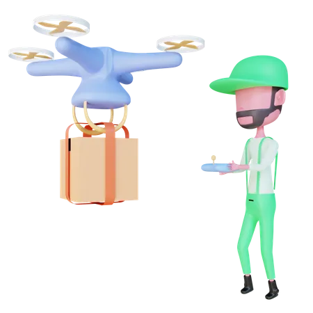 Livreur livrant un colis via un drone  3D Illustration