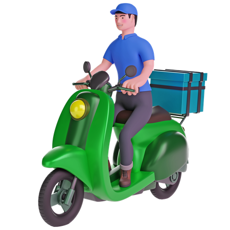 Livreur conduisant une moto avec boîte de livraison  3D Illustration