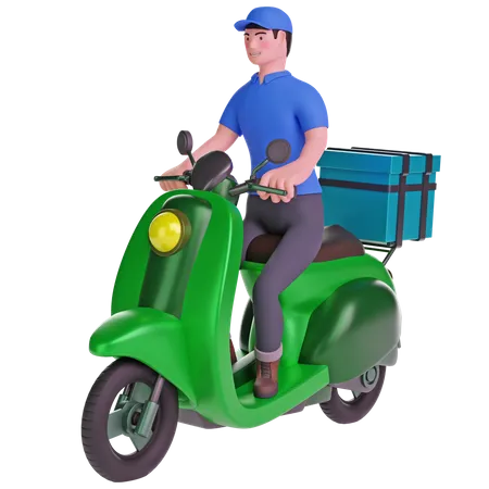 Livreur conduisant une moto avec boîte de livraison  3D Illustration