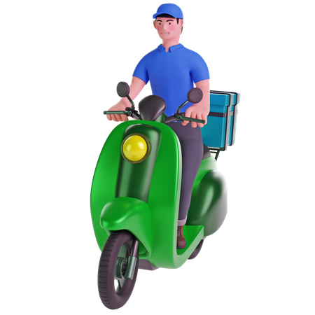 Livreur conduisant une moto avec boîte de livraison  3D Illustration