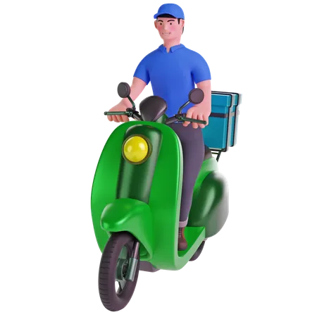 Livreur conduisant une moto avec boîte de livraison  3D Illustration