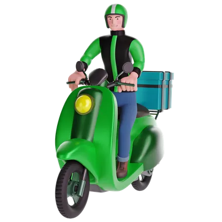 Livreur conduisant une moto avec boîte de livraison  3D Illustration