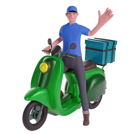 Livreur agitant en conduisant une moto avec une boîte de livraison  3D Illustration