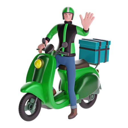 Livreur agitant en conduisant une moto avec une boîte de livraison  3D Illustration