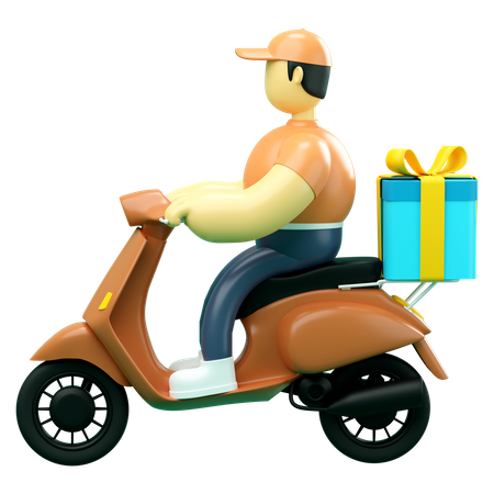 Livreur en scooter livrer un cadeau  3D Illustration