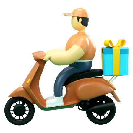 Livreur en scooter livrer un cadeau  3D Illustration