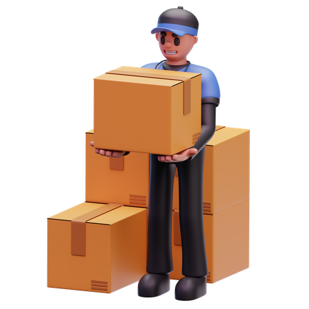 Livreur tenant un colis avec d'autres colis  3D Icon