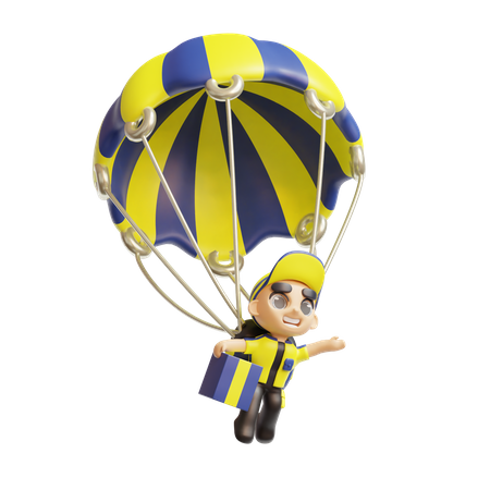 Livreur tenant un colis portant un parachute  3D Illustration