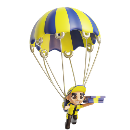 Livreur tenant un colis portant un parachute  3D Illustration