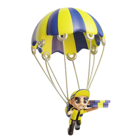 Livreur tenant un colis portant un parachute  3D Illustration