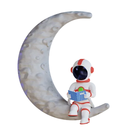 Astronauta lendo livro na lua  3D Illustration