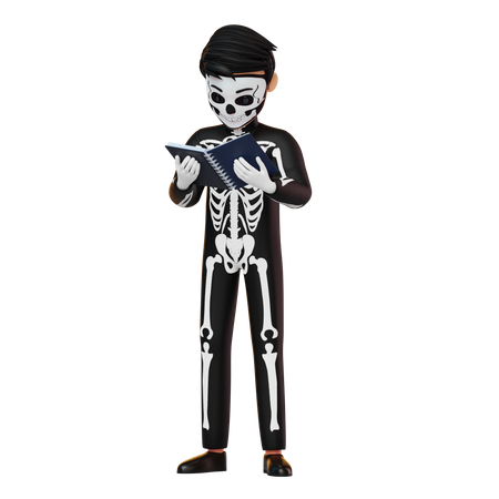 Livro de leitura de menino fantasiado de esqueleto  3D Illustration