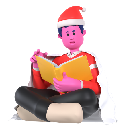 Livro de leitura de menino de Natal com cobertor  3D Illustration