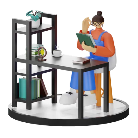 Livro de leitura de menina  3D Illustration