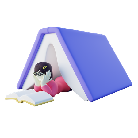 Livro de leitura de menina em livro em forma de tenda  3D Illustration