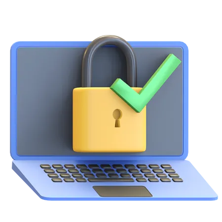 Laptop Data Protection With Padlock And Check Mark Icon 3 D Render Illustration 3D Illustration