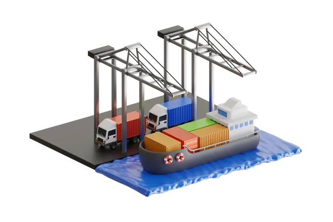 Distribucion Logistica 3 D De Buques De Carga De Contenedores Logistica Y Transporte De Buques De Carga De Contenedores Con Puente Grua En Funcionamiento En Astillero 3D Illustration