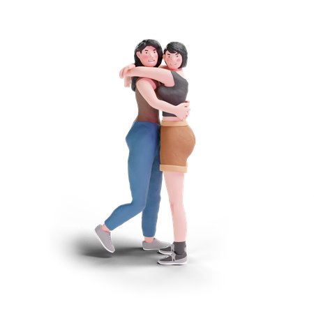 Long haired and short hair girl hugging  3D Illustration