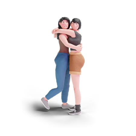 Long haired and short hair girl hugging 3D Illustration
