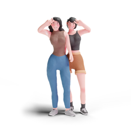 Long haired and short hair girl making peace sign hand gesture  3D Icon