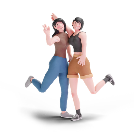 Long haired and short hair girl posing for photo  3D Icon