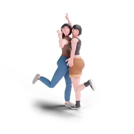 Long haired and short hair girl posing for photo  3D Illustration