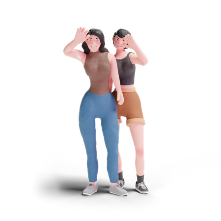 Long haired and short hair girl waving  3D Illustration