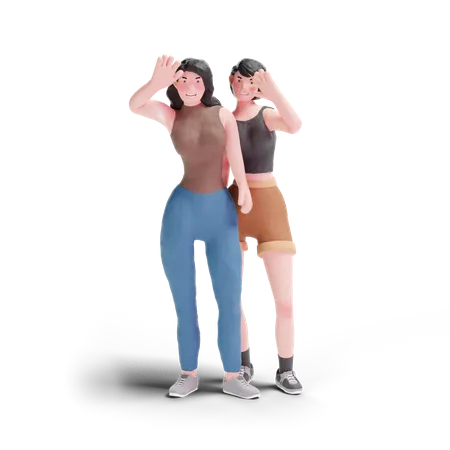 Long haired and short hair girl waving  3D Illustration