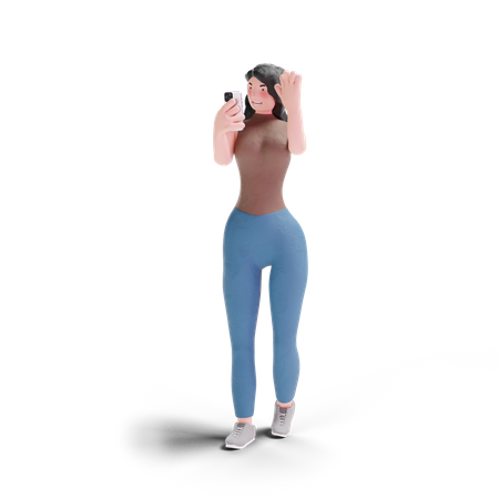 Long haired girl waving to phone  3D Icon