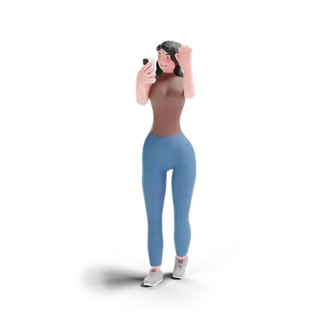 Long haired girl waving to phone  3D Illustration