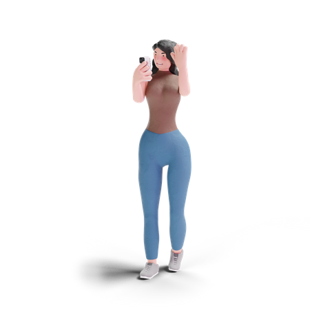 Long haired girl waving to phone  3D Illustration