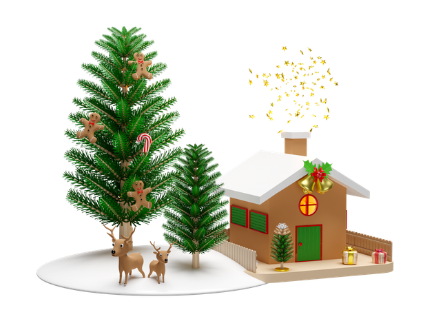 Los renos esperan cerca del árbol de Navidad.  3D Illustration