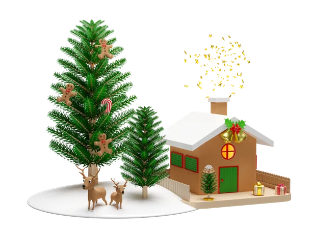 Los renos esperan cerca del árbol de Navidad.  3D Illustration