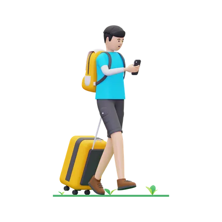 Los turistas caminan con sus teléfonos en la mano.  3D Illustration