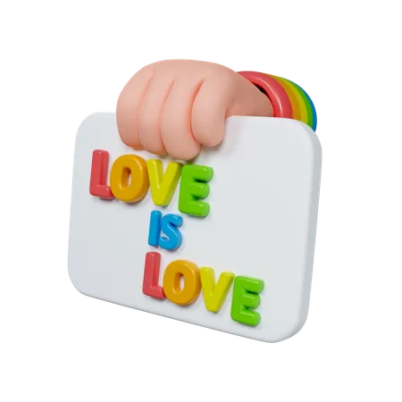 3 D Render Illustration Of A Hand With Rainbow Wristbands Holding A Sign That Reads Love Is Love Symbolizing LGBTQ Pride And Support Ideal For Pride Month Celebrations And Inclusivity Visuals 3D Icon