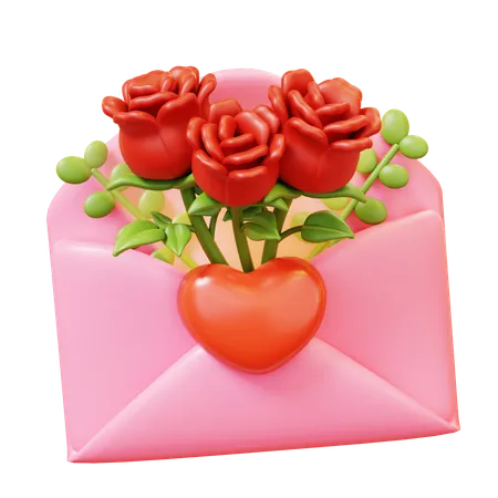 Cute Cartoon 3 D Opened Mail Love Envelope With Red Heart And Rose Mail Letter Happy Valentines Day Anniversary Wedding Love Concept 3D Icon