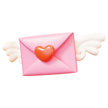 Cute Cartoon 3 D Closed Mail Love Envelope With Red Heart And Angle Wings Mail Letter Happy Valentines Day Anniversary Wedding Love Concept 3D Icon