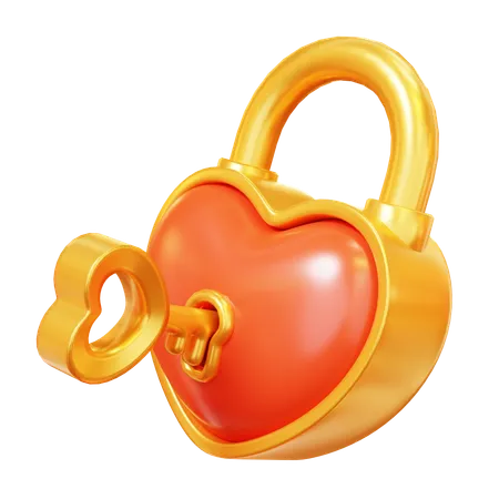 Cute Cartoon 3 D Red And Gold Love Padlock With Golden Key Happy Valentines Day Anniversary Wedding Love Concept 3D Icon