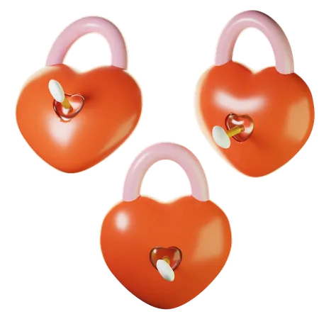3 D Heart Shaped Padlock With Key On Three Points Of View 3D Icon