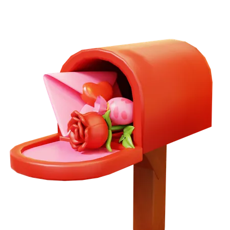 Cute Cartoon 3 D Love Mailbox With Envolope Love Letter Rose And Candy Gift For Lover Happy Valentines Day Anniversary Wedding Love Concept 3D Icon