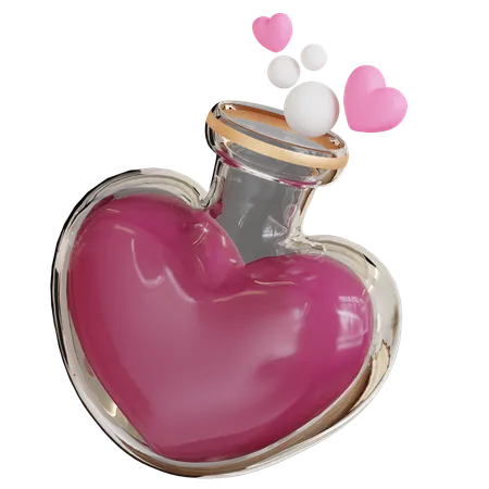 A 3 D Icon Of A Heart Shaped Bottle Filled With Pink Potion And Heart Bubbles Ideal For Symbolizing Magical Love Potions And Romantic Elixirs 3D Icon