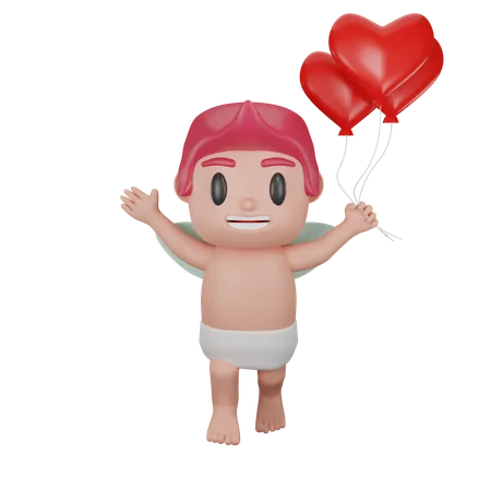 Lovely cupid holding balloon  3D Illustration
