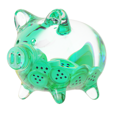 Lpt-Sparschwein aus klarem Glas mit abnehmendem Stapel an Kryptomünzen  3D Icon