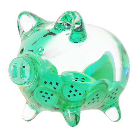 Lpt-Sparschwein aus klarem Glas mit abnehmendem Stapel an Kryptomünzen  3D Icon