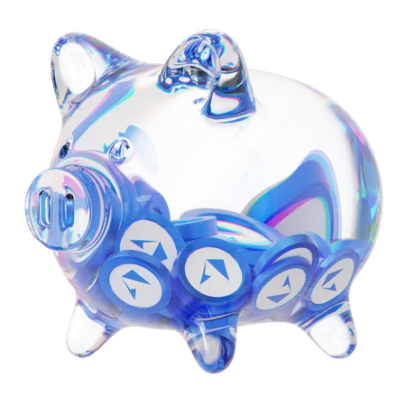 Lrc-Sparschwein aus klarem Glas mit abnehmendem Stapel an Kryptomünzen  3D Icon