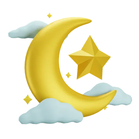 Lua Crescente com Estrela e Nuvem  3D Icon