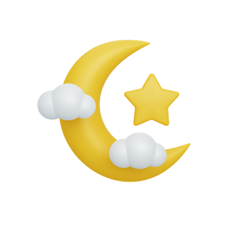 Lua crescente e estrela com nuvem  3D Illustration