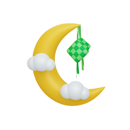 Lua crescente e ketupat com nuvem  3D Illustration
