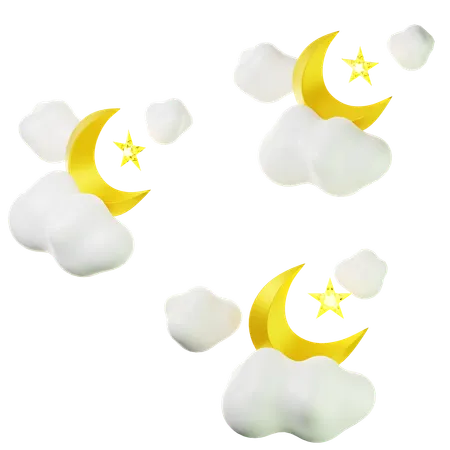 Icono 3 D Luna Creciente Estrella De Ramadan Con Nubes En Tres Puntos De Vista Sobre Fondo Transparente Ilustracion 3 D Alta Resolucion 3D Icon